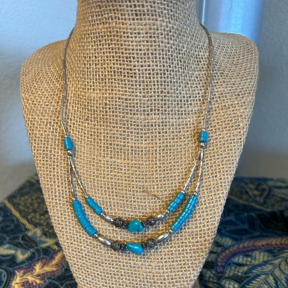 SOUTHWESTERN Turquoise
Liquid Silver Style Double Strand
Beaded Necklace vtg